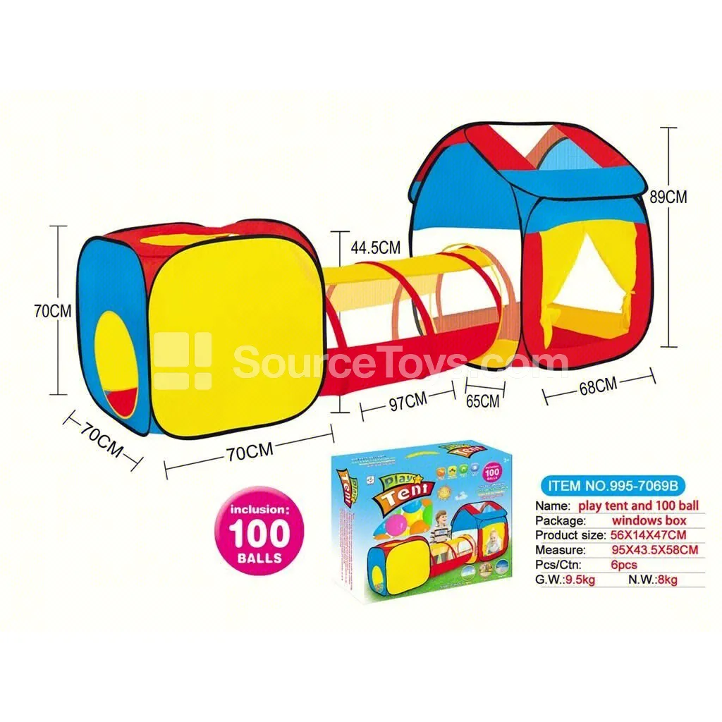 3-in-1 Play House with Tunnel and Crawl Tube Tent, Includes 100 Ocean Balls