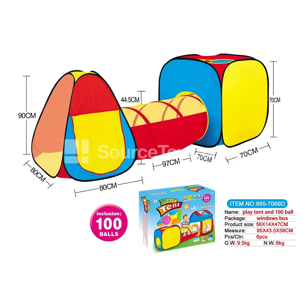 3-in-1 Play Tent with Tunnel and Crawl Tube Playhouse with 100 Ocean Balls