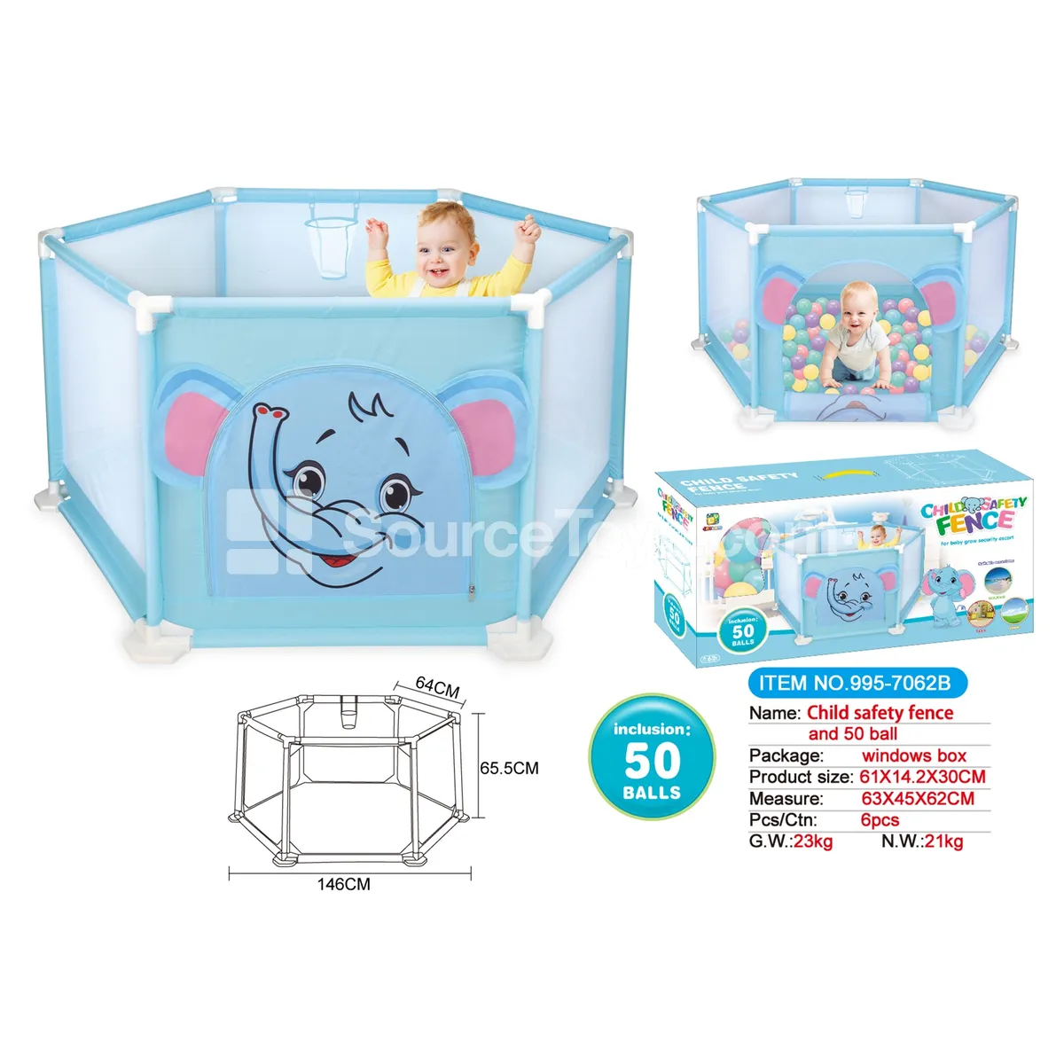 146cm Printed Elephant Kids Playpen with 50 pcs 5.5cm Ocean Balls