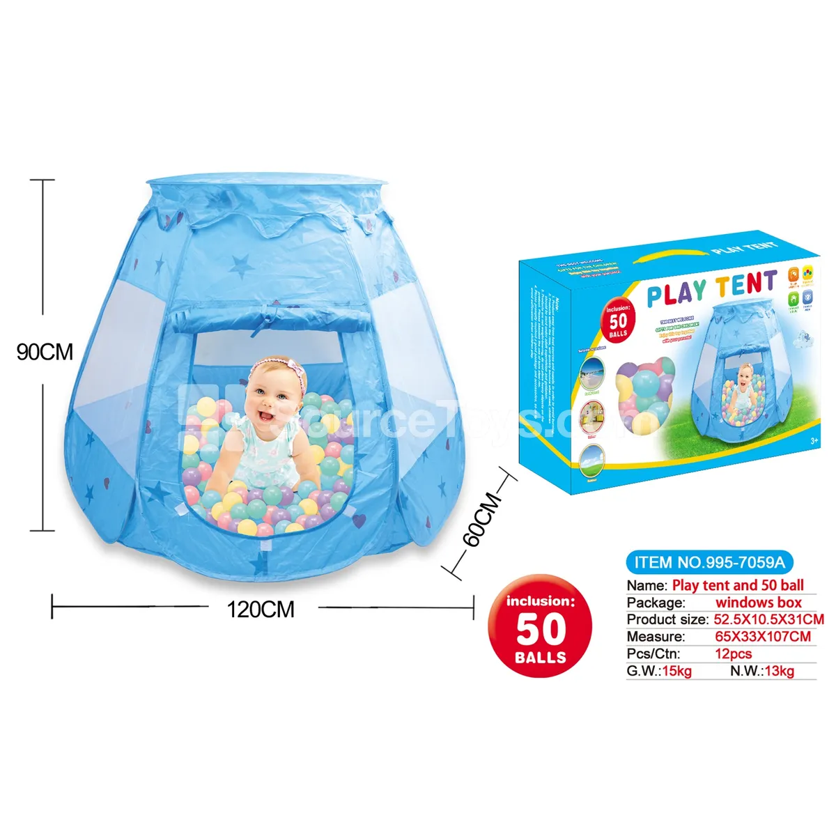 Heart-shaped six-sided play tent with 50 pcs 5.5 cm ocean balls