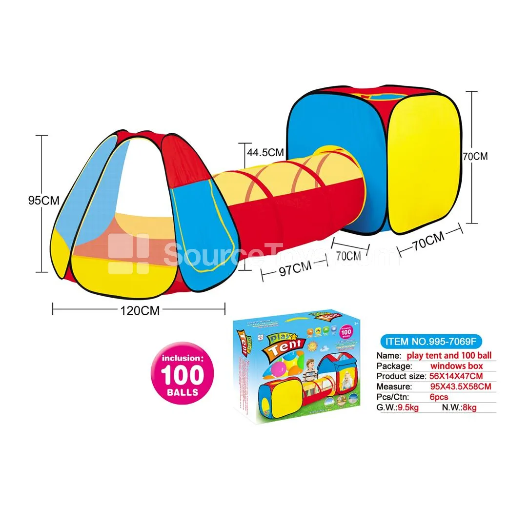 3-in-1 Play Tent, Tunnel and Crawl Tube Playhouse with 100 Ocean Balls