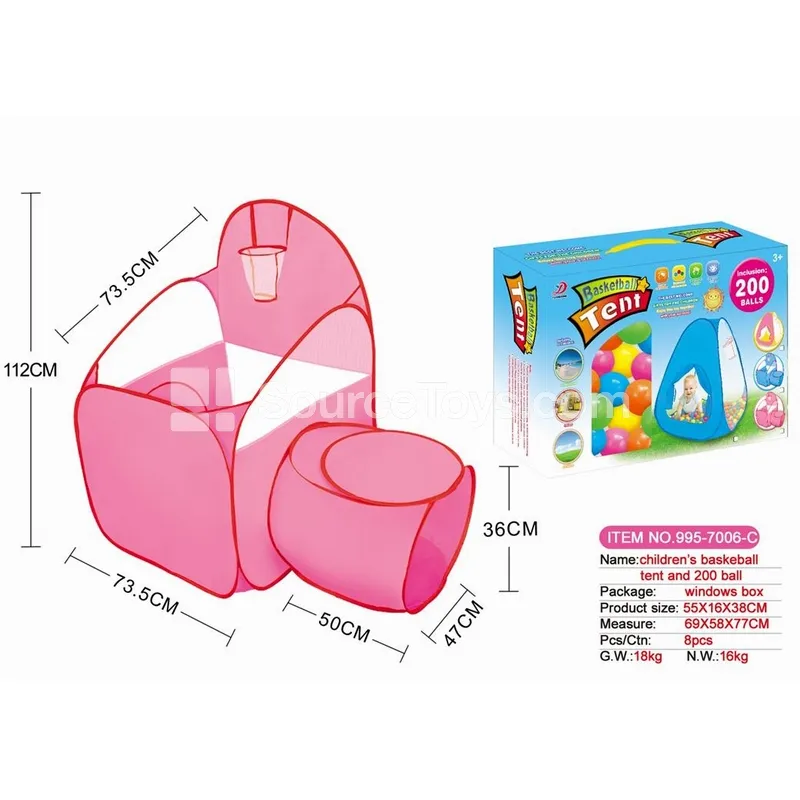 Pink Tunnel Basketball Hoop Ball Pit with 200pcs 5cm Ocean Balls