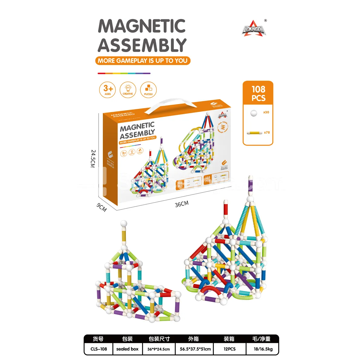 Magnetic Building Blocks Set with Telescopic Magnetic Rods, 108 PCS Magnetic Building Blocks Set with Telescopic Magnetic Rods, 108 PCS