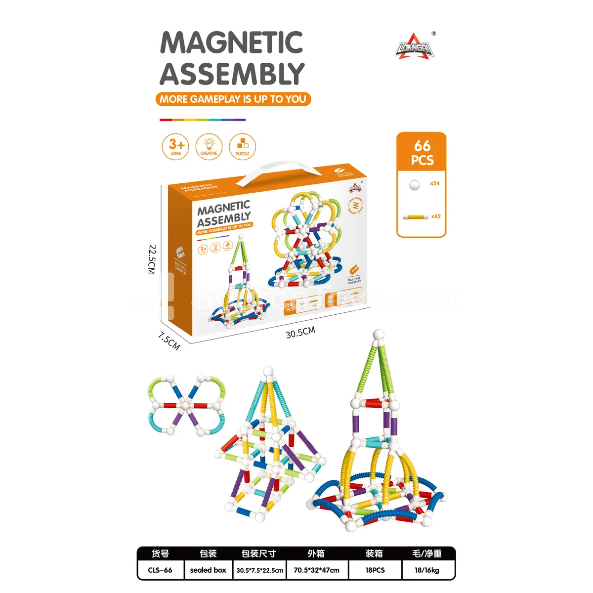 Magnetic Building Blocks Set with Telescopic Magnetic Rods, 66 PCS Magnetic Building Blocks Set with Telescopic Magnetic Rods, 66 PCS