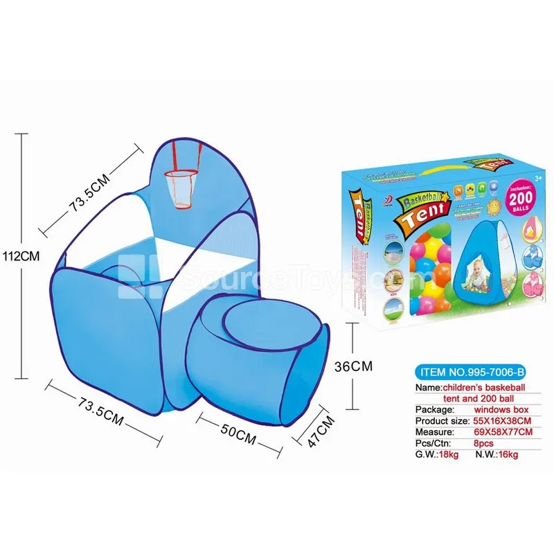 Blue Tunnel Basketball Hoop Ball Pit with 200 pcs 5cm Ocean Balls