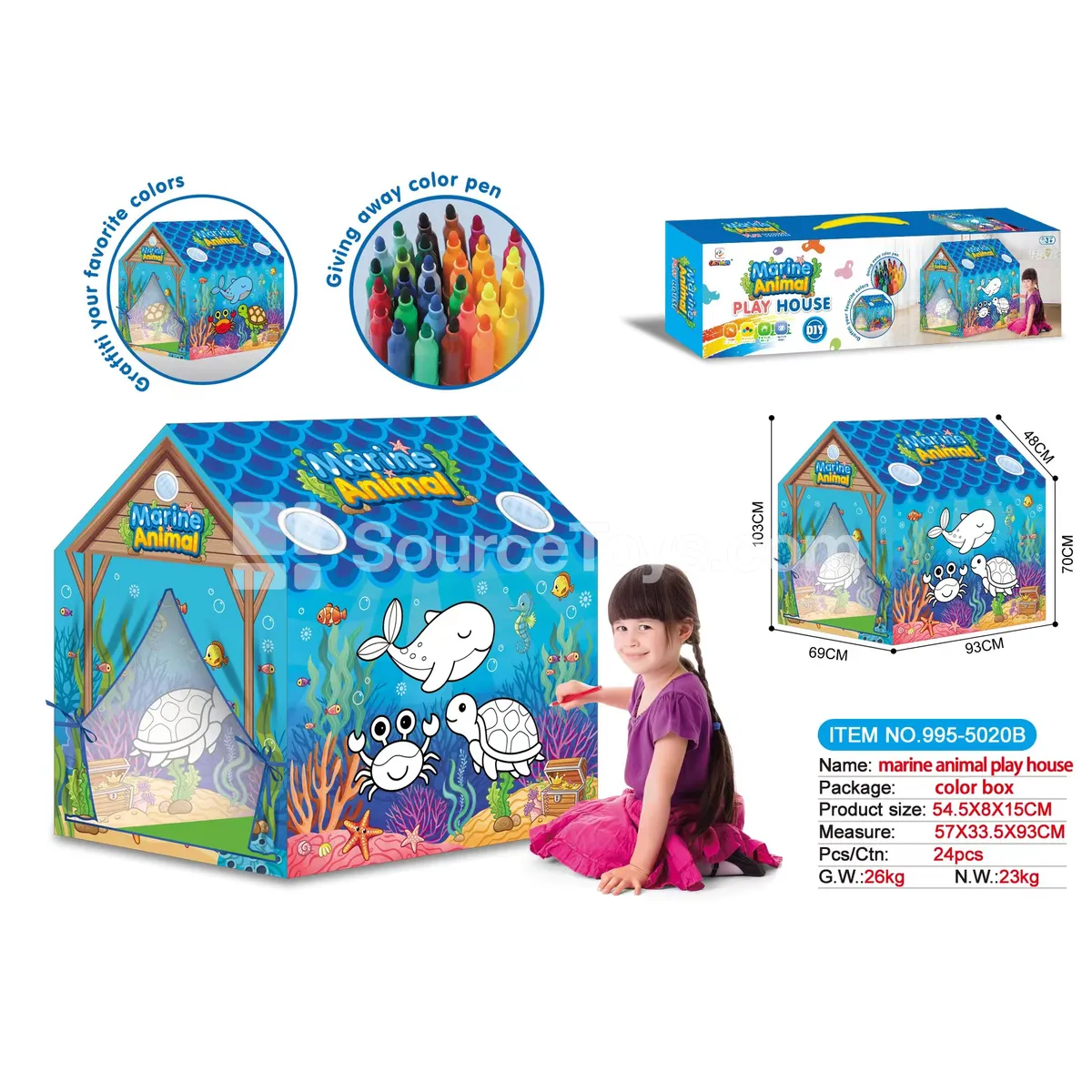DIY Coloring Ocean Animal Tent Playhouse with 12 Color Pens (995-5020B)