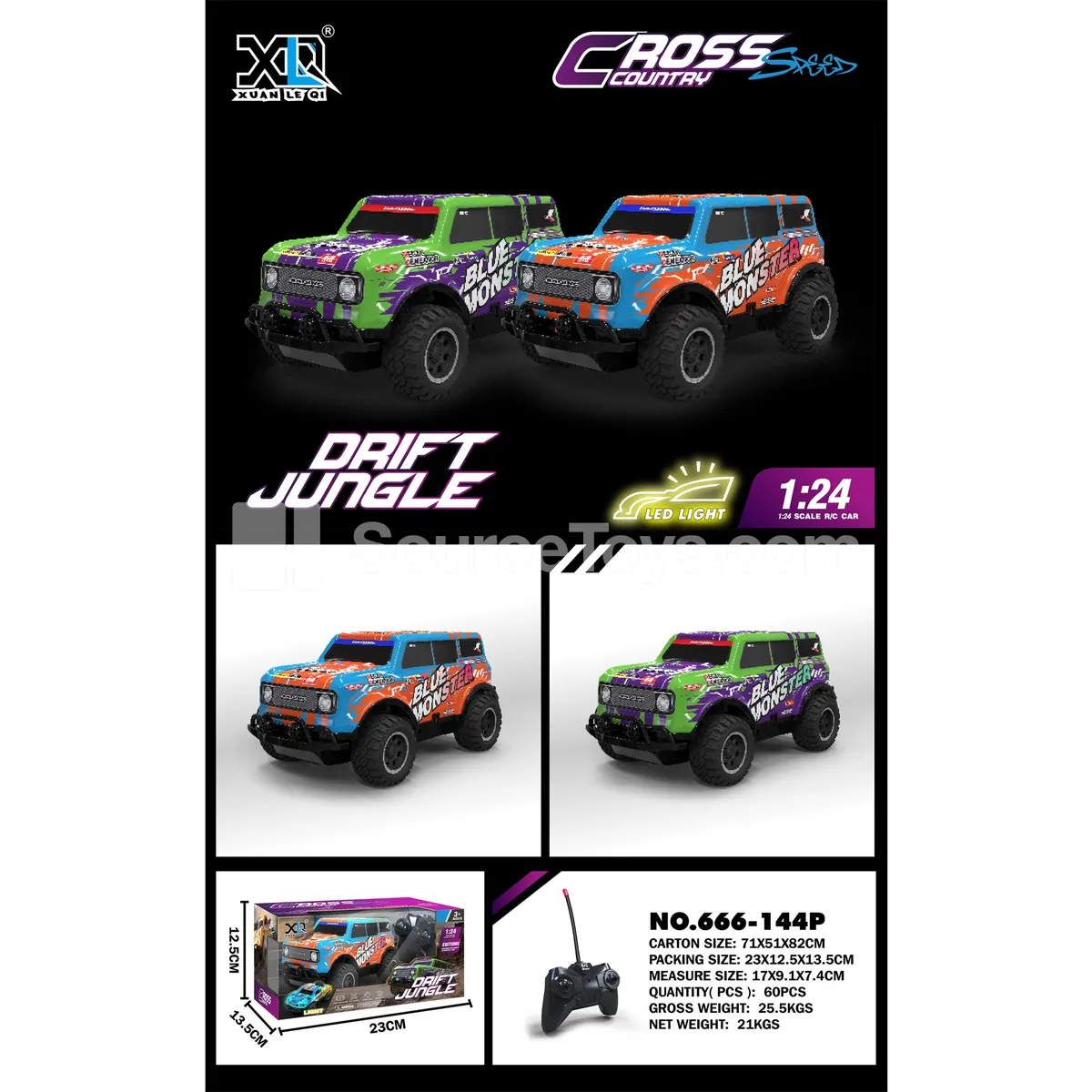 PVC Remote Control Off-Road Racing Car with Lights, Two-Color Assorted