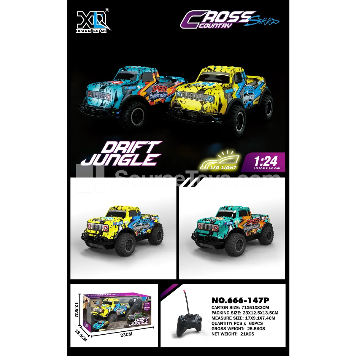 PVC Remote Control Off-Road Racing Car with Lights, Two-Color Assorted