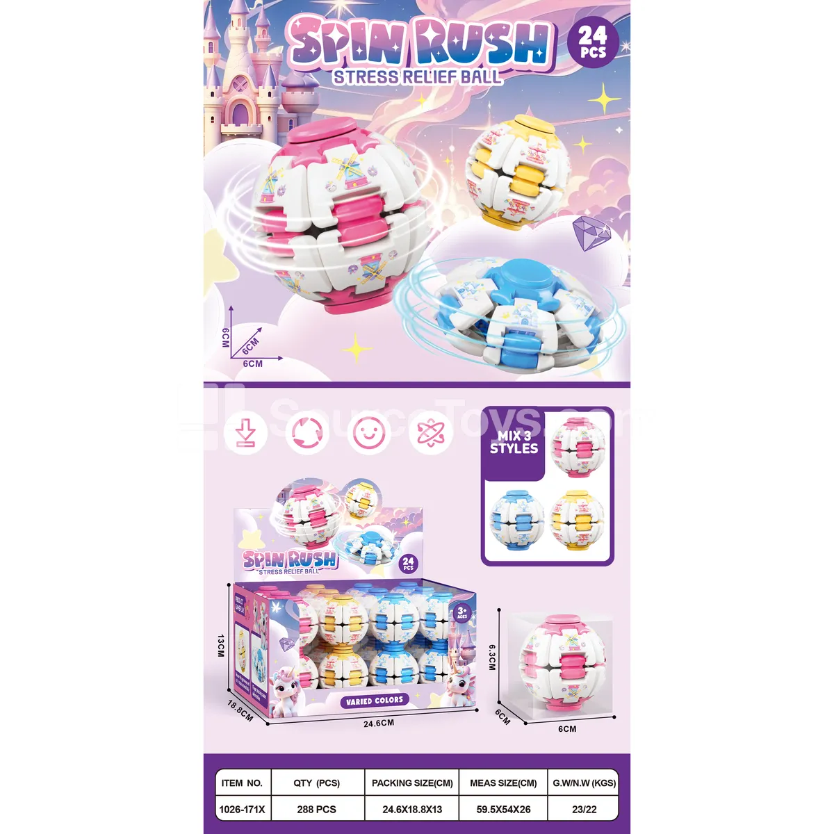 Unicorn Theme Press and Spin Ball, Spring Style, 3 Assorted Colors, 24 pcs/Display Box