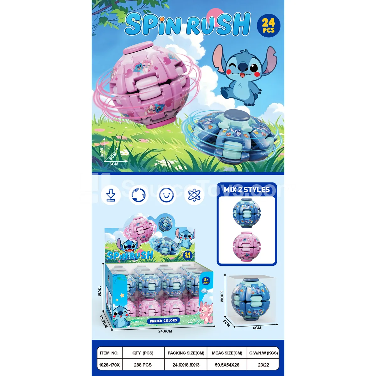 Press-and-spin ball with spring mechanism, assorted colors, 24 pcs per display box