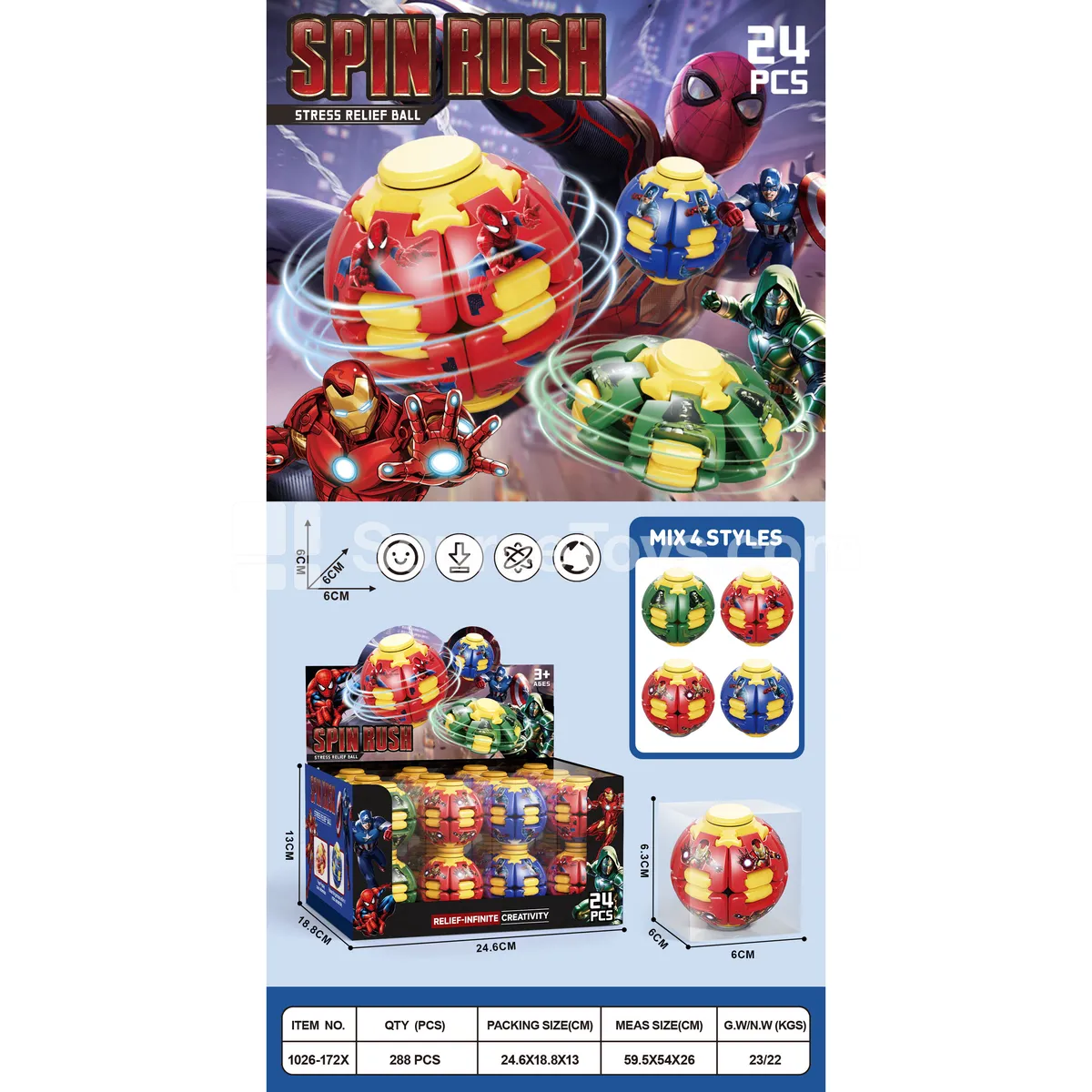 Press-and-spin ball with spring, 4 assorted colors, 24 pcs per display box Press-and-spin ball with spring, 4 assorted colors, 24 pcs per display box