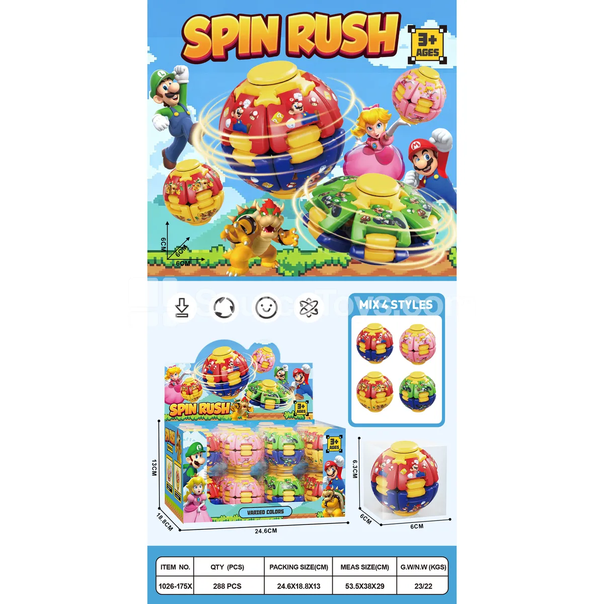 Press and Spin Ball with Spring Mechanism, Assorted Colors, 4 Styles, 24 pcs per Display Box Press and Spin Ball with Spring Mechanism, Assorted Colors, 4 Styles, 24 pcs per Display Box