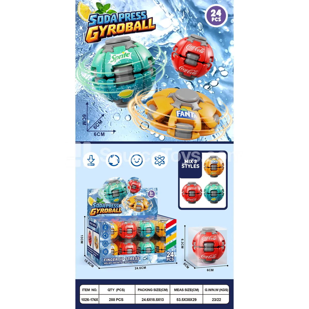Soda-Themed Press-and-Spin Balls, Spring Style, 3 Assorted Colors, 24 pcs/Display Box Soda-Themed Press-and-Spin Balls, Spring Style, 3 Assorted Colors, 24 pcs/Display Box