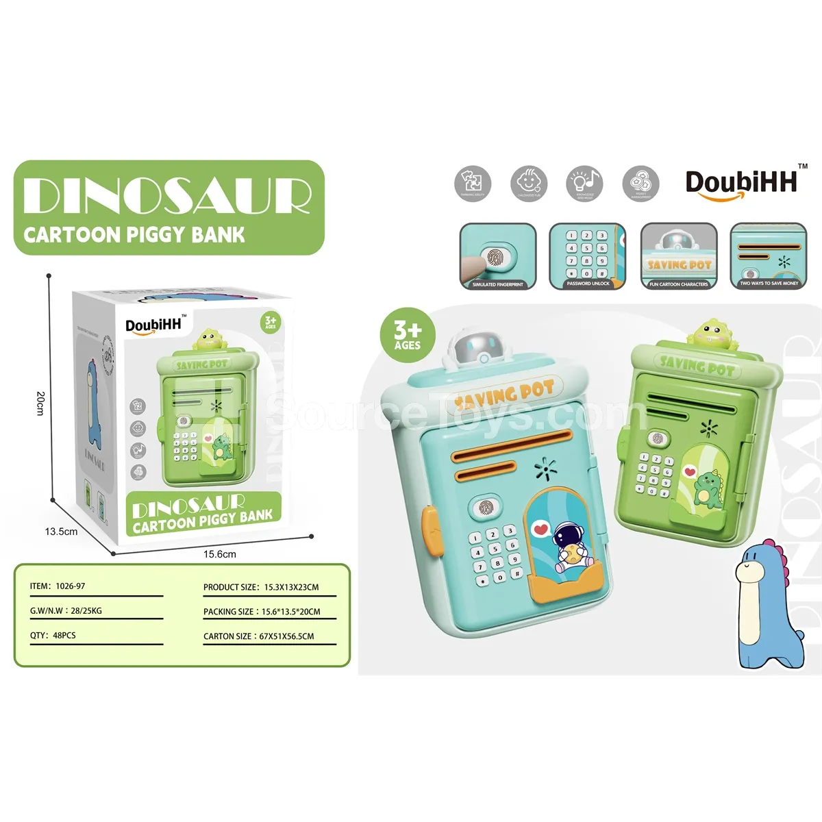Square Astronaut Dinosaur Coin Bank