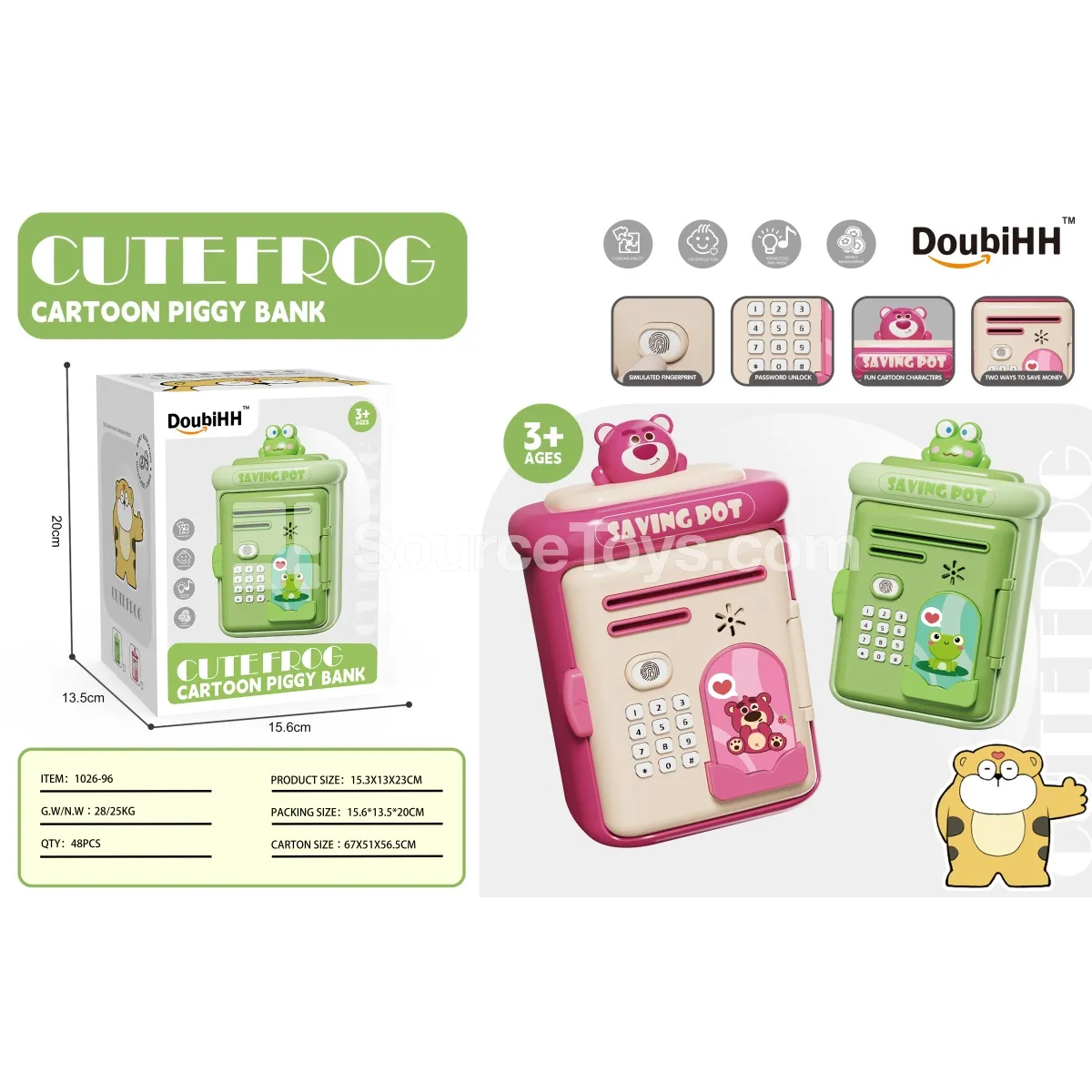 Strawberry Bear and Frog Square Coin Bank Strawberry Bear and Frog Square Coin Bank