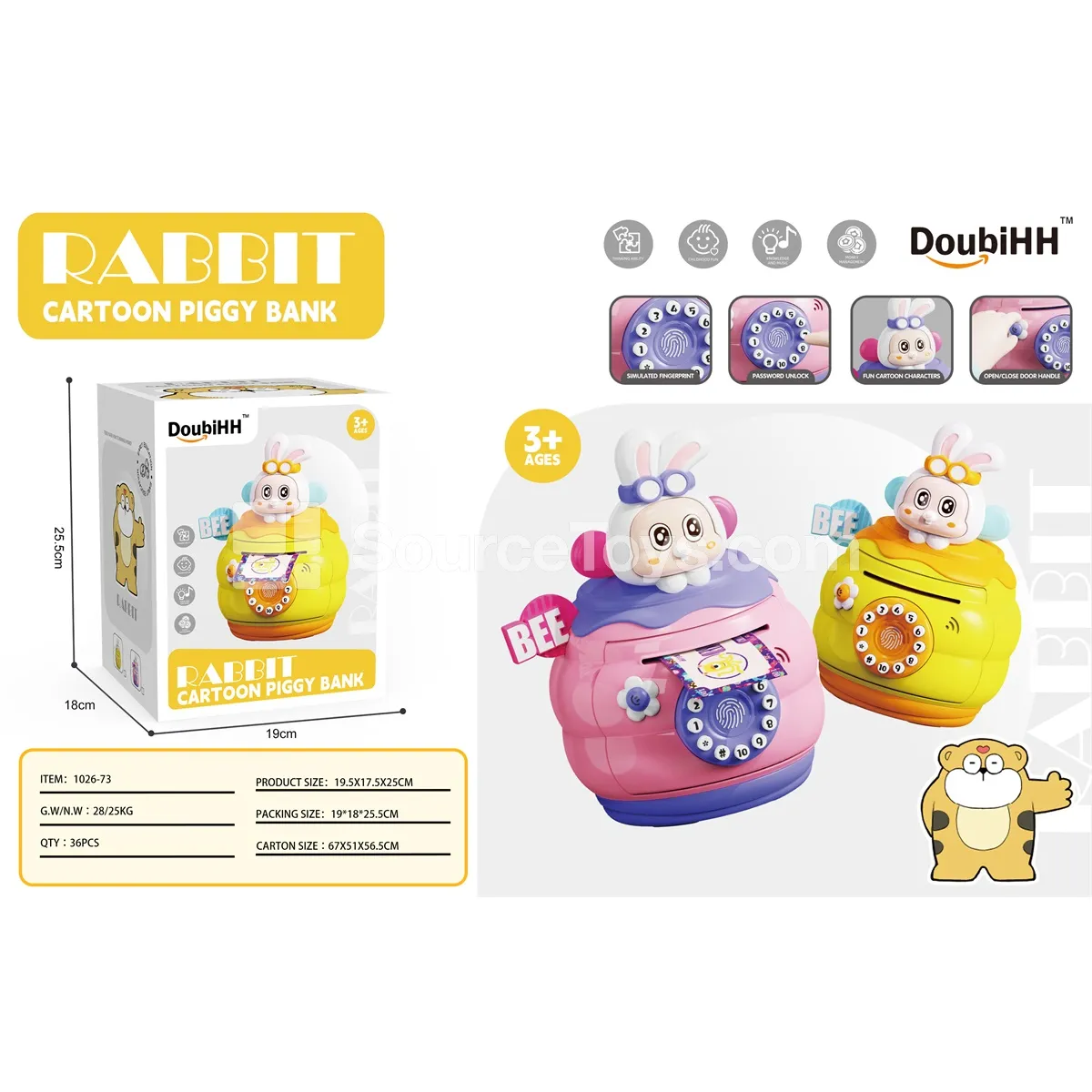 Round Rabbit Coin Bank, Pink/Yellow
