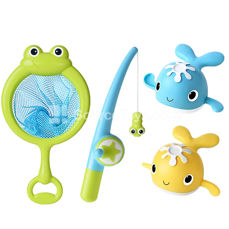 Frog Net with Fishing Rod and 2 Magnetic Fish (Light Blue + Yellow)