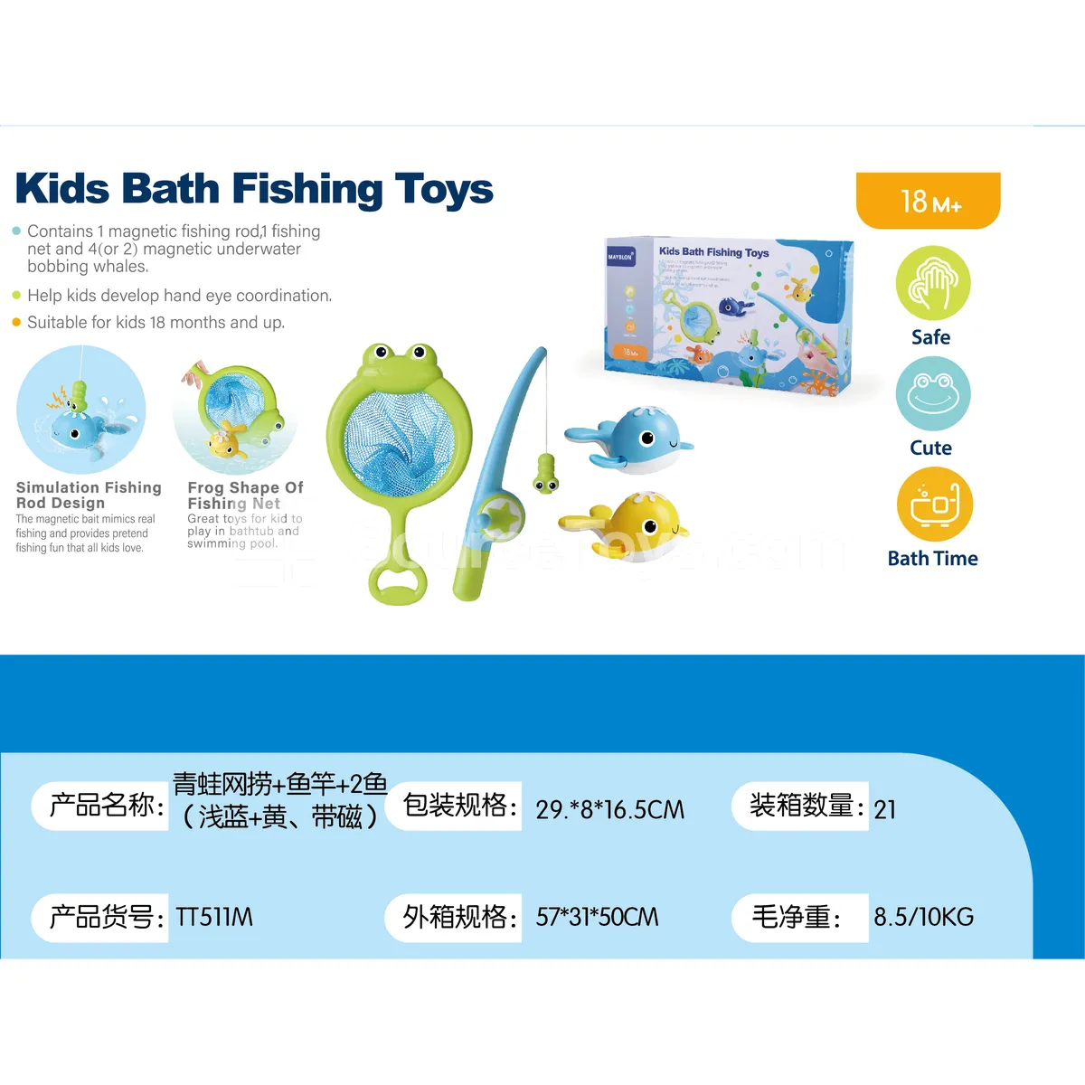 Frog Net with Fishing Rod and 2 Fish (Light Blue + Yellow, Magnetic)