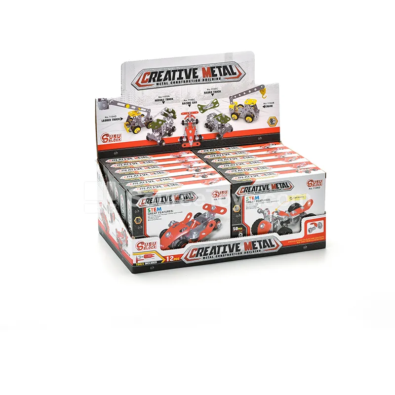 Metal DIY Building Block Racing Cars, 4 Styles Assorted, Display Box of 12 PCS, Educational Assembly Building Blocks
