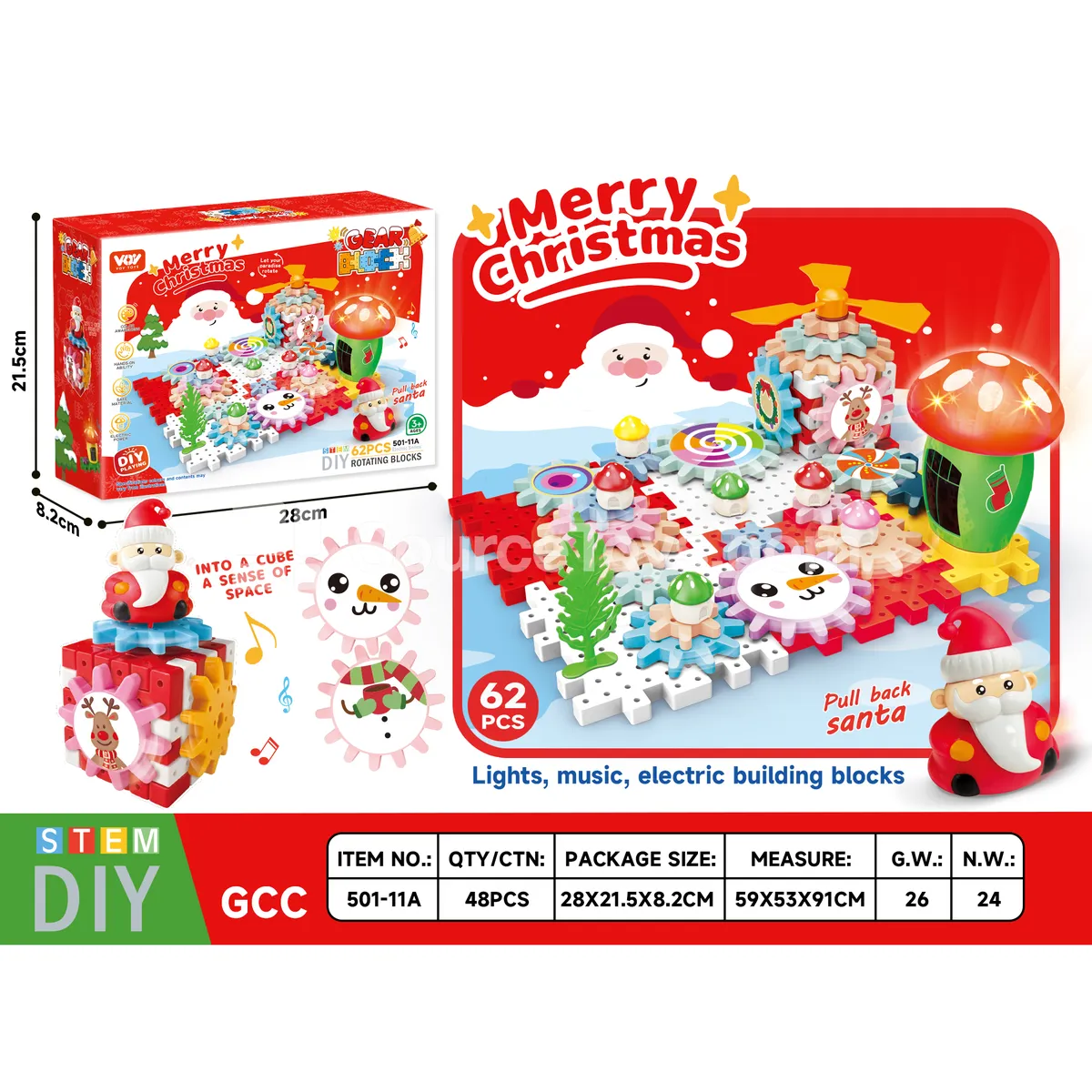 Christmas Santa and Snowman Gear Building Block Play Set, 62 Pieces, Electric with Music and Lights (501-11A)