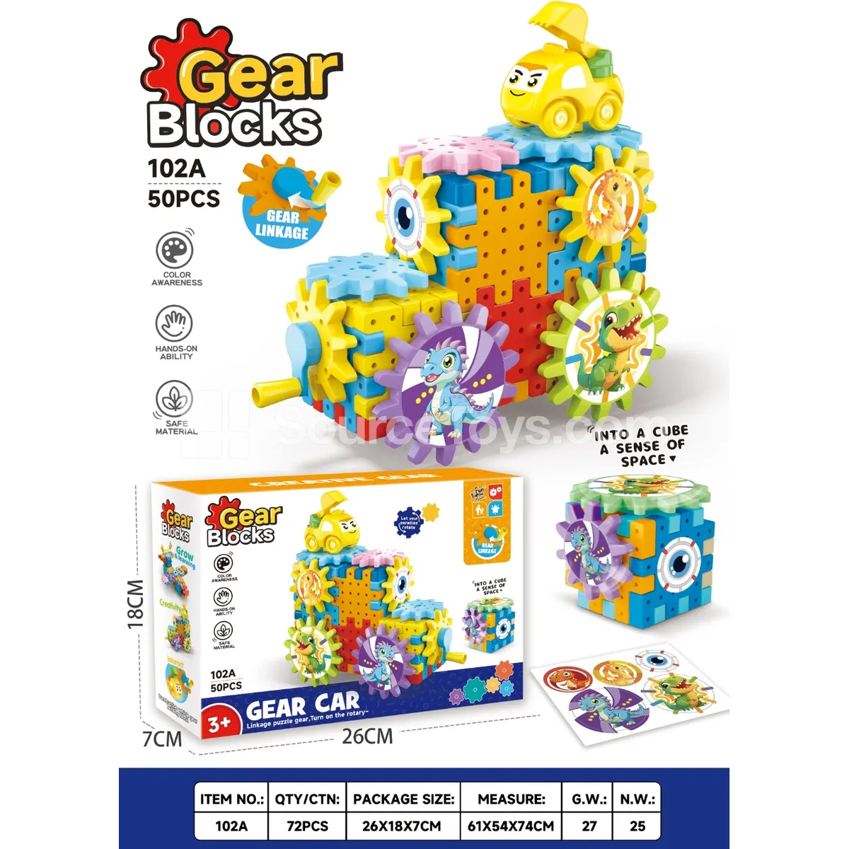 Dinosaur-Themed Car-Shaped Construction Vehicle Building Kit, 50 Pieces (102A)