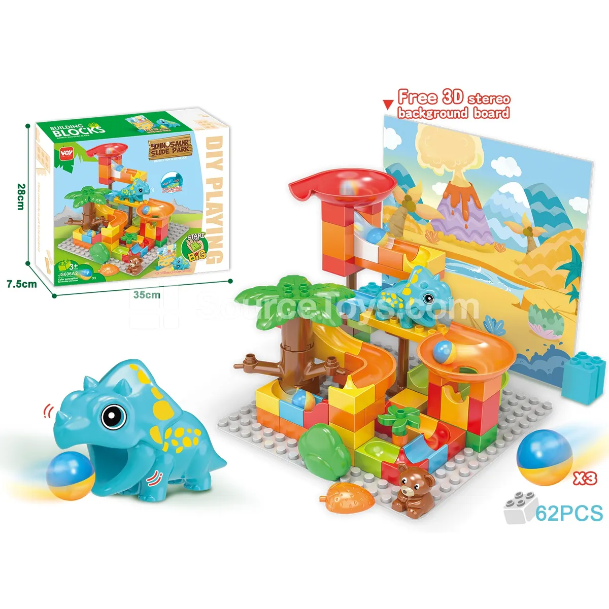 Triceratops Slide Building Blocks Set, 62 Pieces (JS606A2)