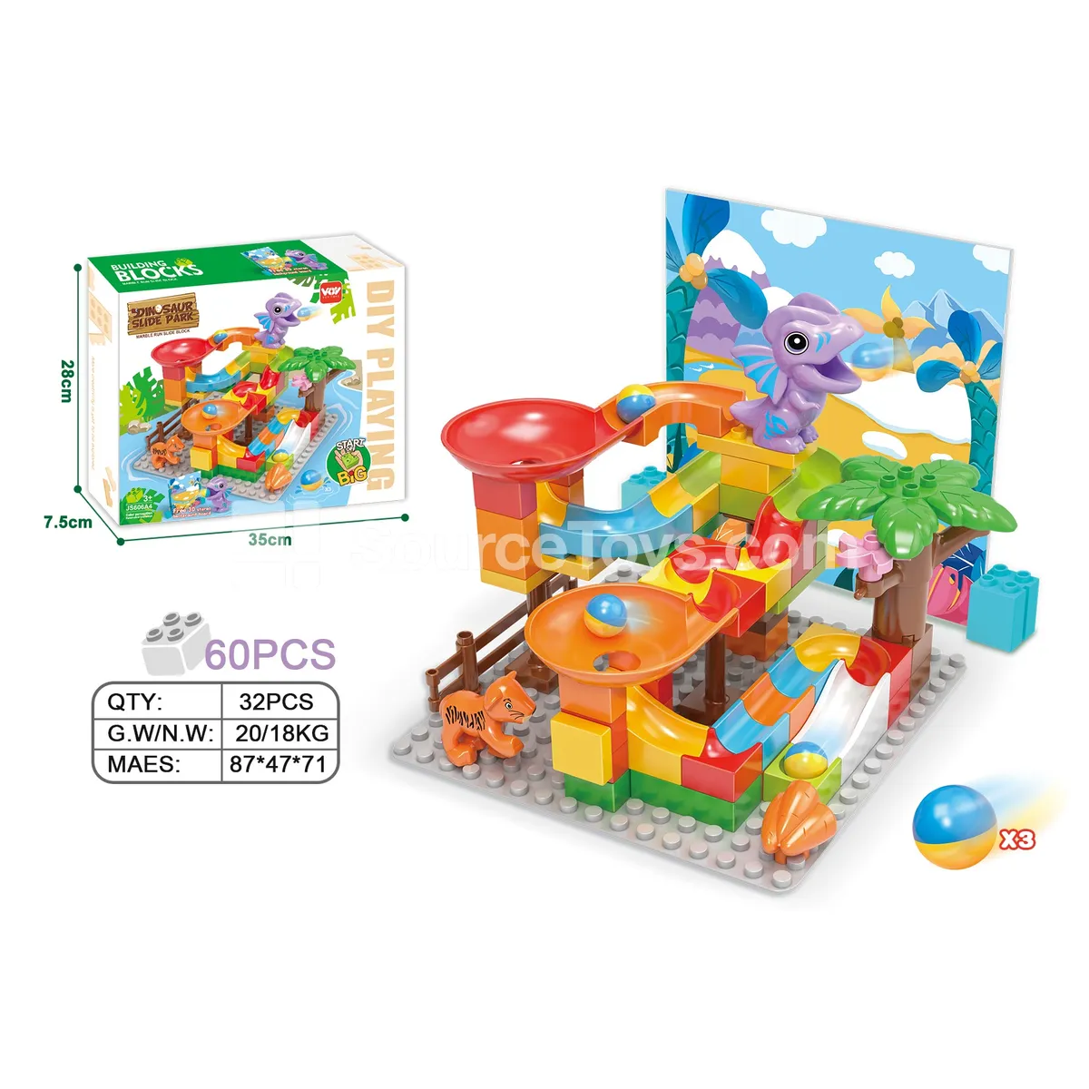 Large-Piece Dinosaur Building Blocks Set with Raptor Slide, 60 Pieces (JS606A4)