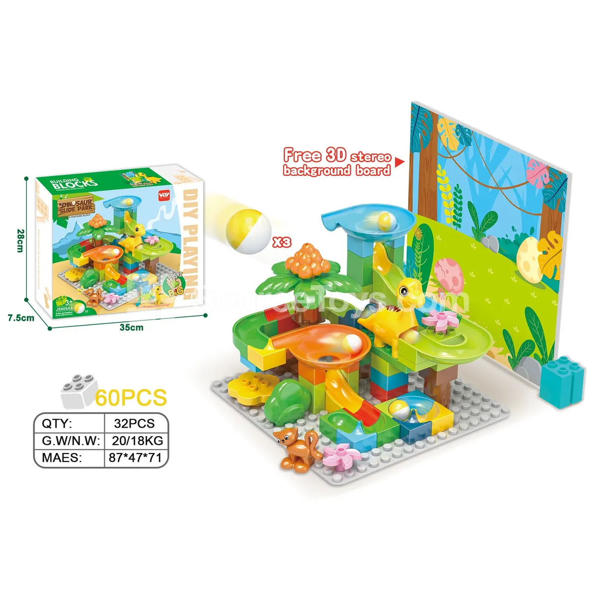Large-Piece Dinosaur Building Block Set with Slide, 60 Pieces (JS606A3)
