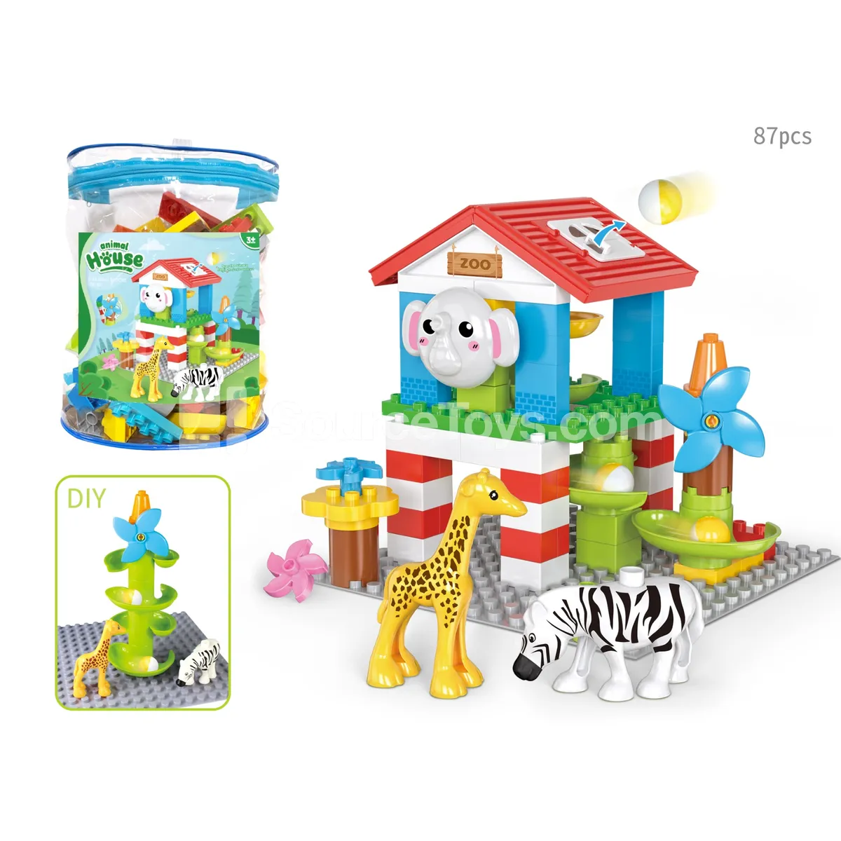 Elephant Zoo Marble Run Building Block Set, 87 Pieces (JS611C1)