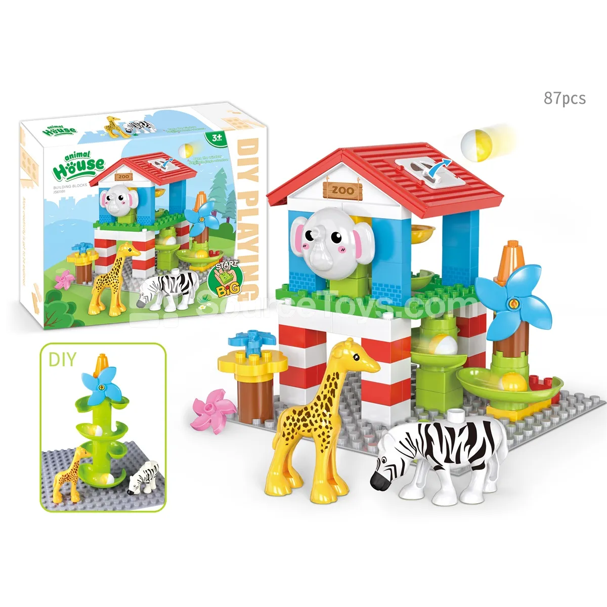 Elephant Zoo Marble Run Building Block Set, 87 Pieces (JS611B1)