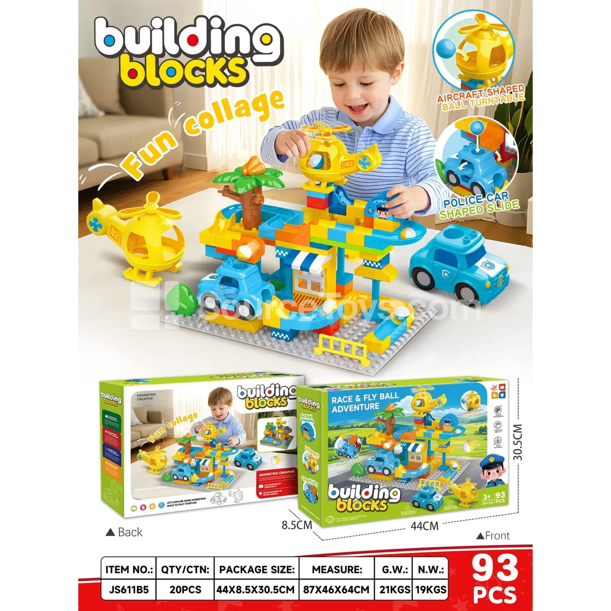 Police Car and Aircraft Large-Piece Building Block Track Set, 93 Pieces (JS611B5)