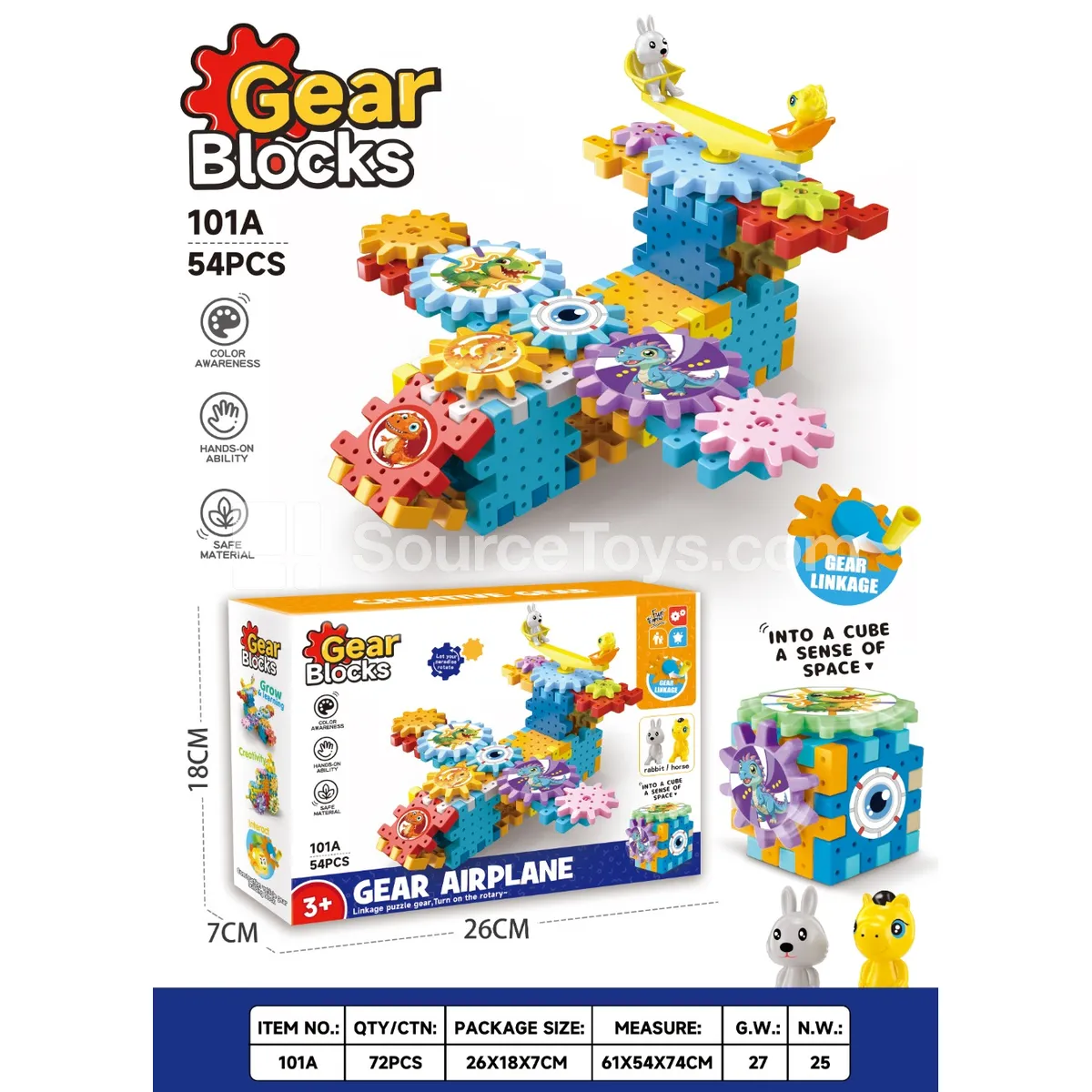 Dinosaur-Themed Airplane Model Kit with Rotating Gears, 54 Pieces (101A)