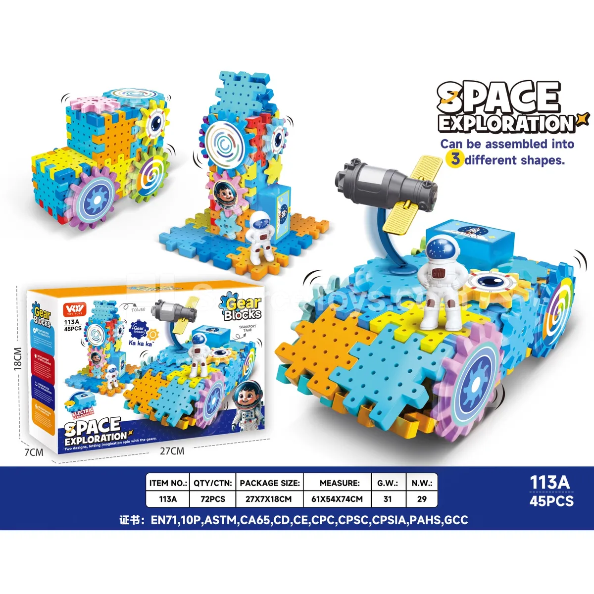 Space Transport Vehicle Building Set with Astronaut, Motorized Rotating Gears, 4 Assorted Designs (113A)
