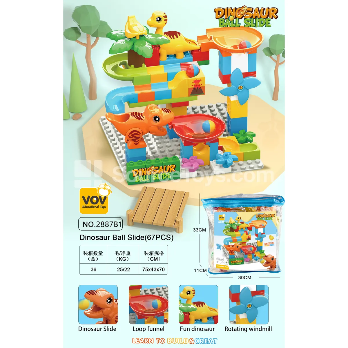 Large-Piece Dinosaur Slide Building Blocks, 68 Pieces (2887B1)