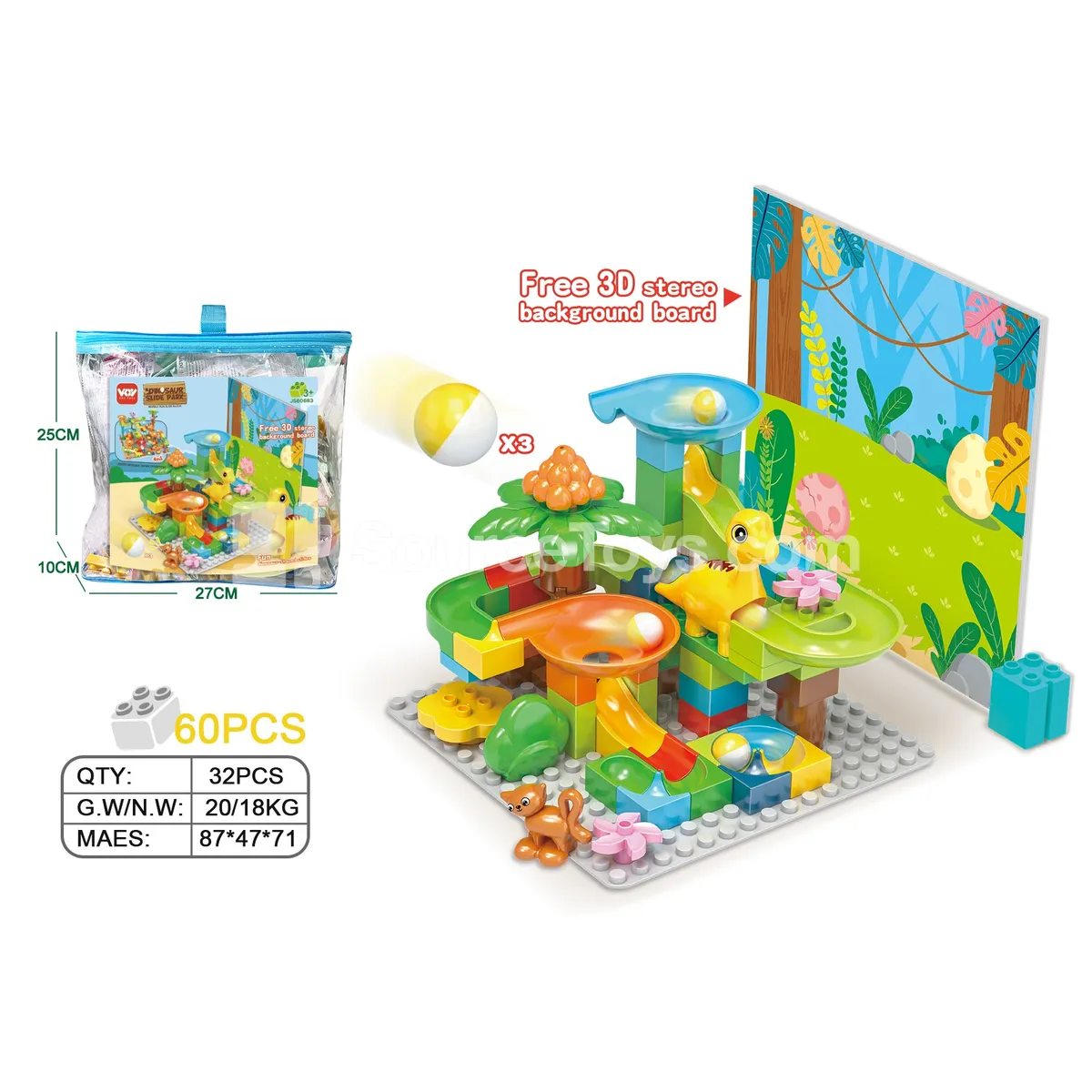 Large-Piece Dinosaur Building Block Set with Slide, 60 Pieces (JS606B3)
