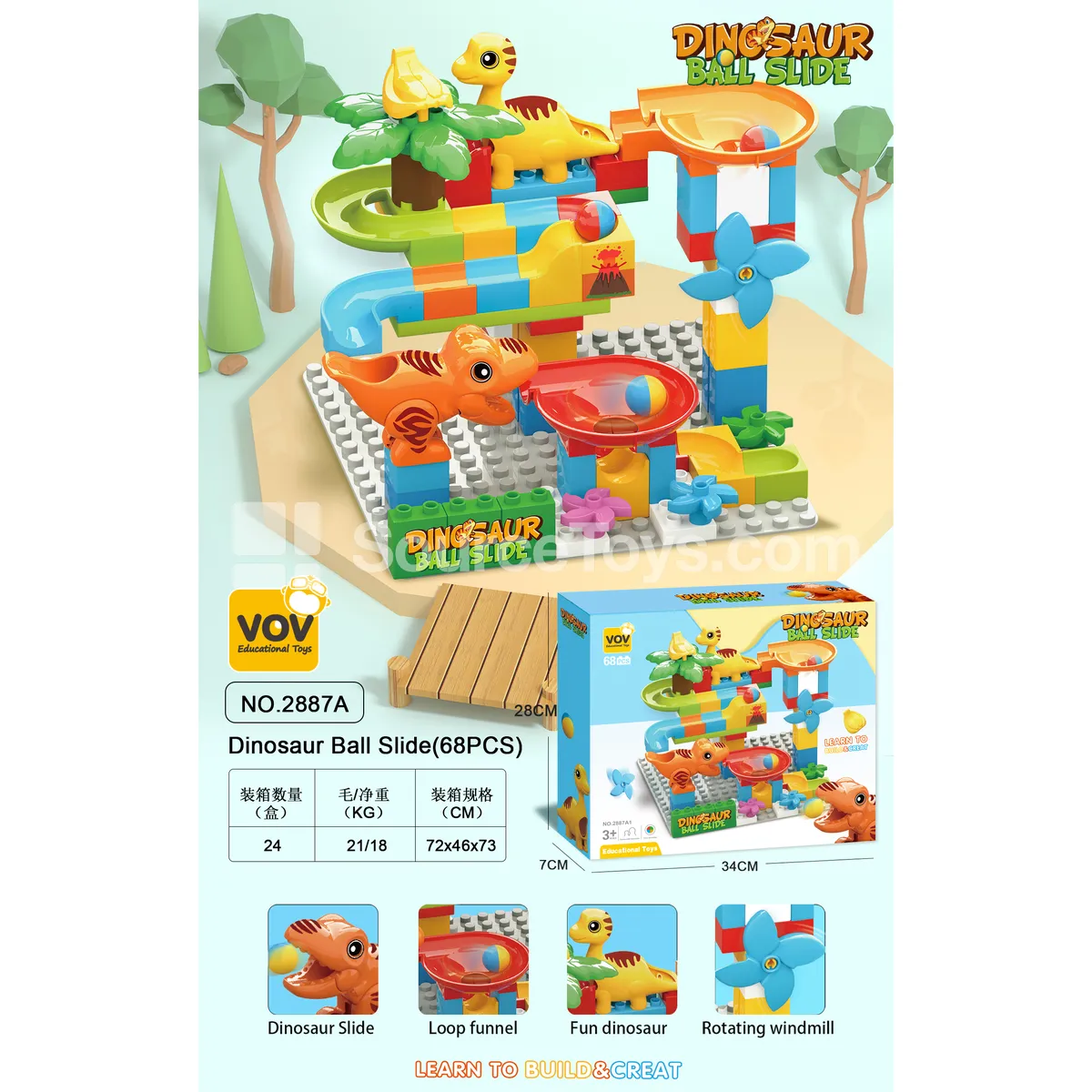 Large-Piece Dinosaur Slide Building Blocks, 68 Pieces (2887A1)