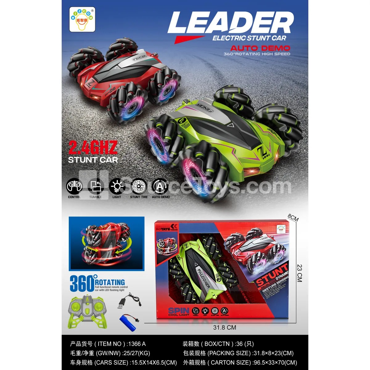 1:20 Scale 7-Channel Double-Sided Stunt Car, Battery and USB Cable Included (1366A)