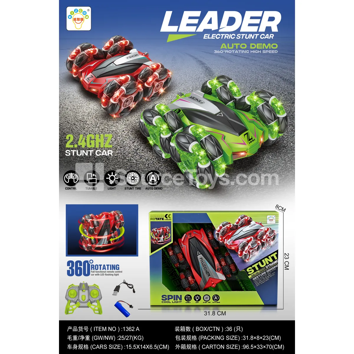 1:20-Scale 2.4G Drift-Wheel Double-Sided Stunt Car, 7-Channel (1362A)