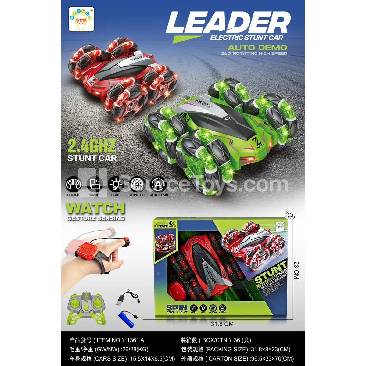 1:20 Scale 2.4G Double-Sided Stunt Car with Drift Wheels, 7-Channel (1361A)