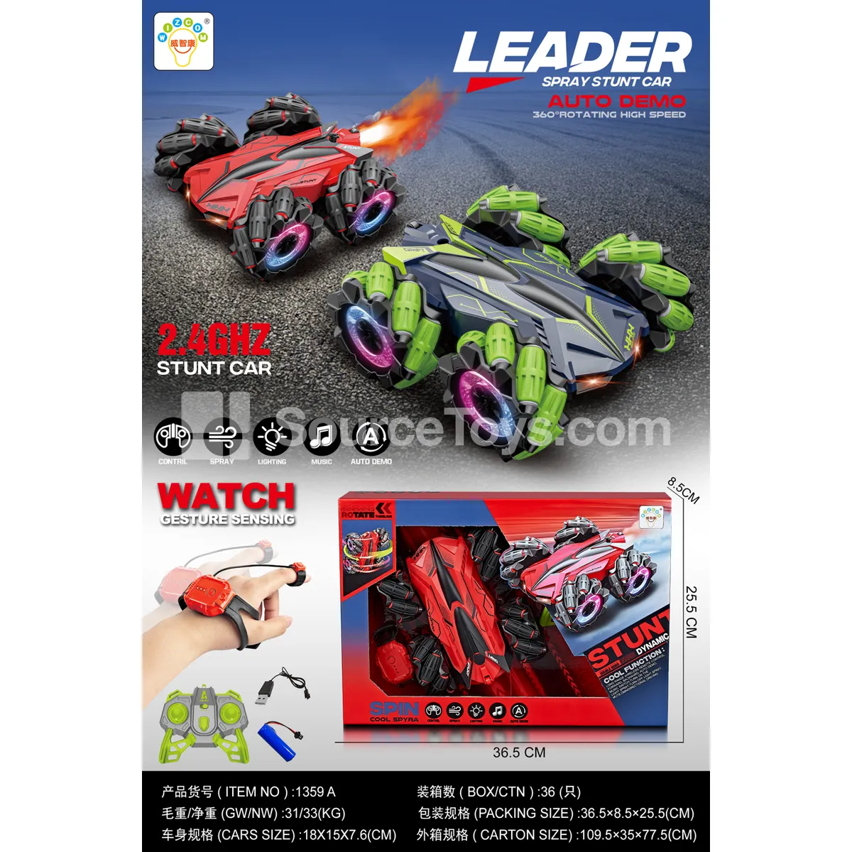 1:18 Scale Double-Sided Stunt Car, 10-Channel, Battery and USB Cable Included (1359A)