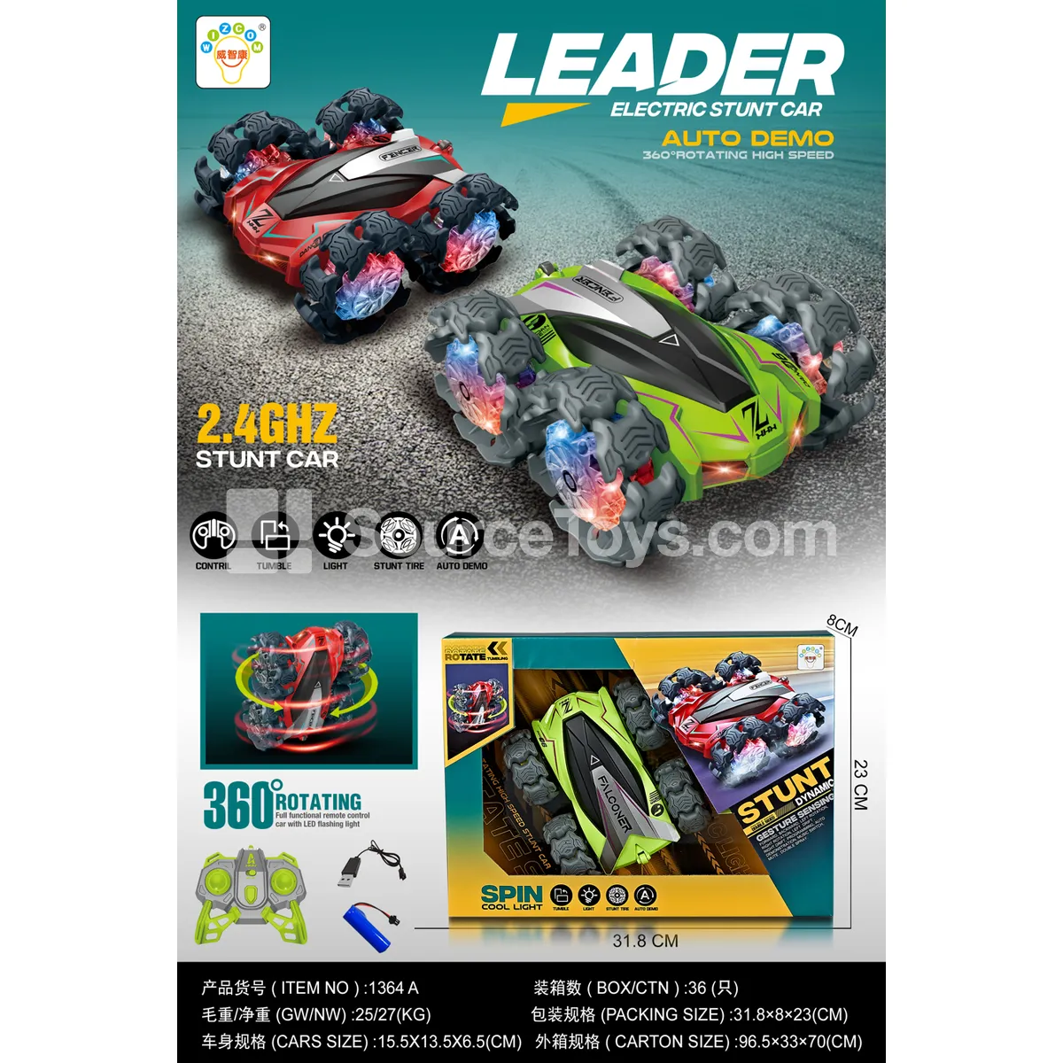 1:20-Scale 7-Channel Double-Sided Stunt Car with Explosion Wheels, 3.7V Battery and USB Cable (1364A)