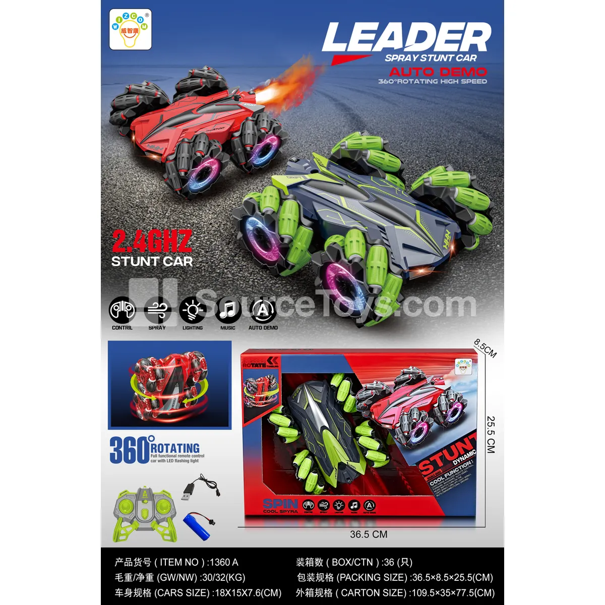 1:18 Scale Double-Sided Stunt Car with Dancing and Side-Driving Modes, Battery and USB Cable Included (1360A)