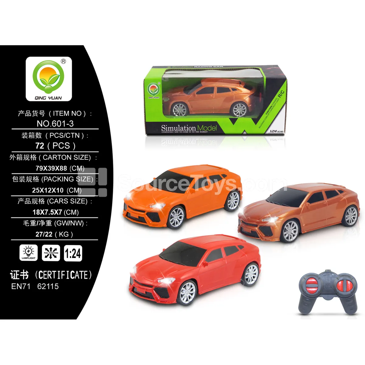 1:24-Scale Remote Control Car with Body Lights, Red/Gold/Orange (601-3)