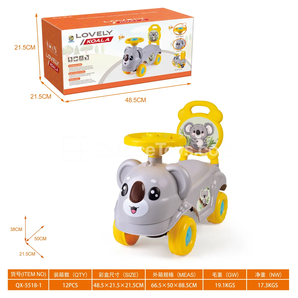 Koala Scooter Ride-On with Music Steering Wheel & DIY Stickers