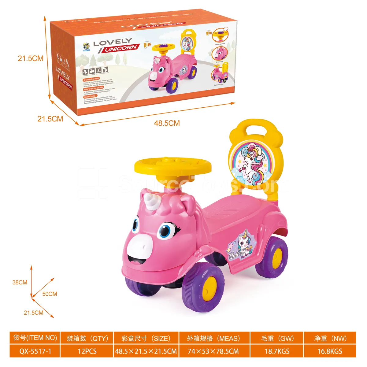 Unicorn Ride-On Scooter with Music Steering Wheel & DIY Stickers
