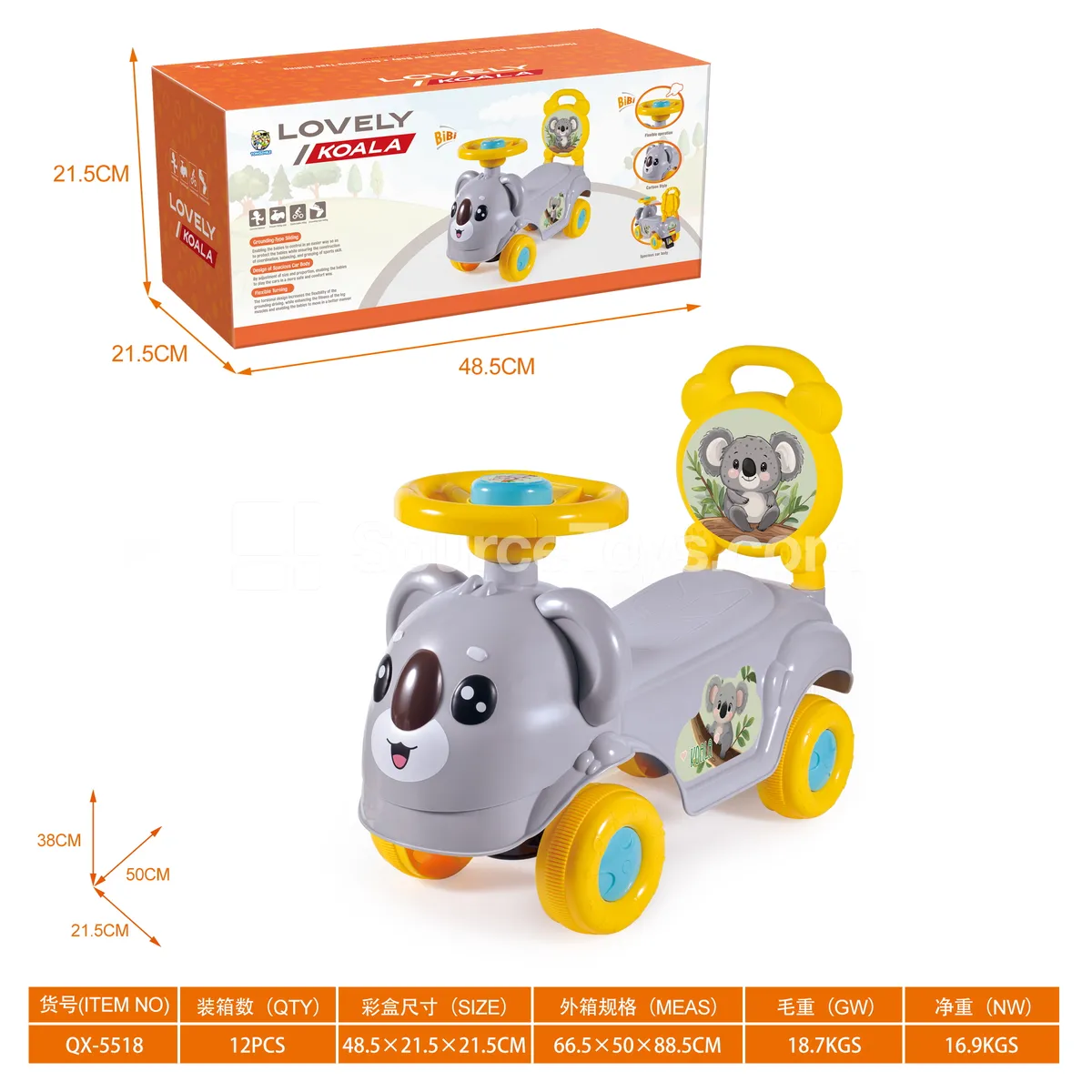 Koala Ride-on Scooter with Whistle Steering Wheel & DIY Stickers