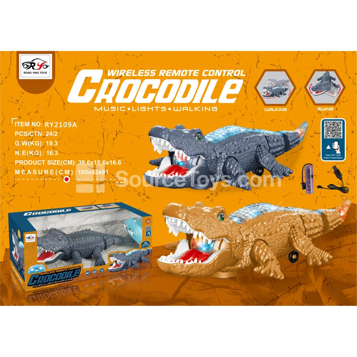 2.4G Remote Control Crocodile with Lights & Music, 6-Channel, Batteries Included