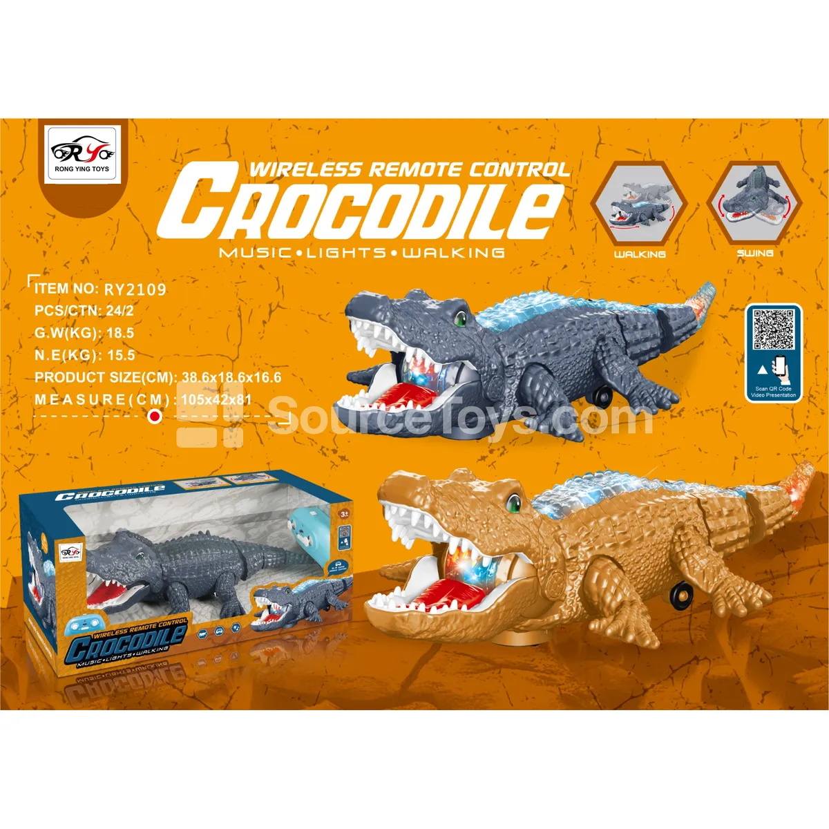2.4G Remote Control Crocodile with Lights and Music 6-Channel
