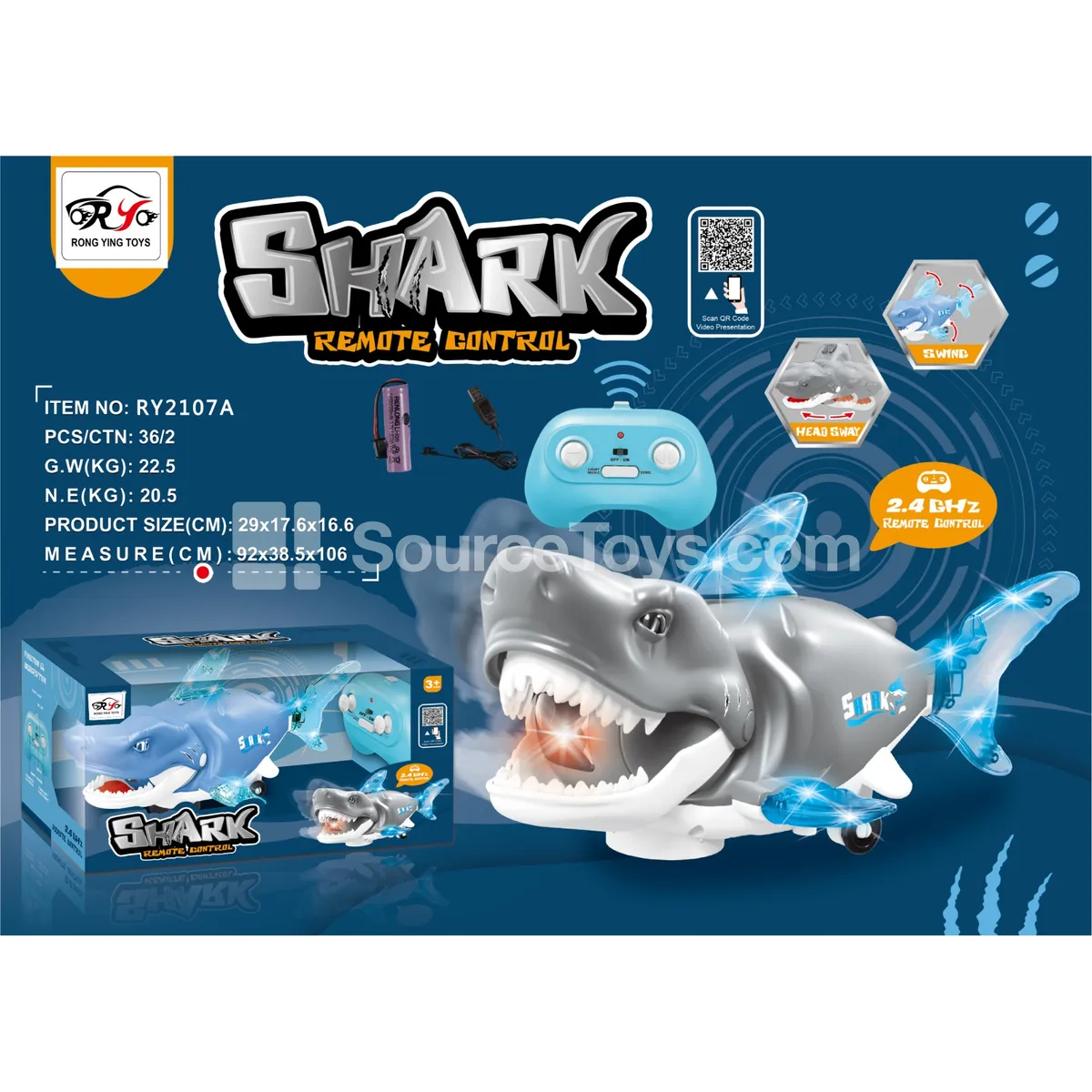 2.4G Remote Control Shark 6-Channel with Lights & Music Rechargeable