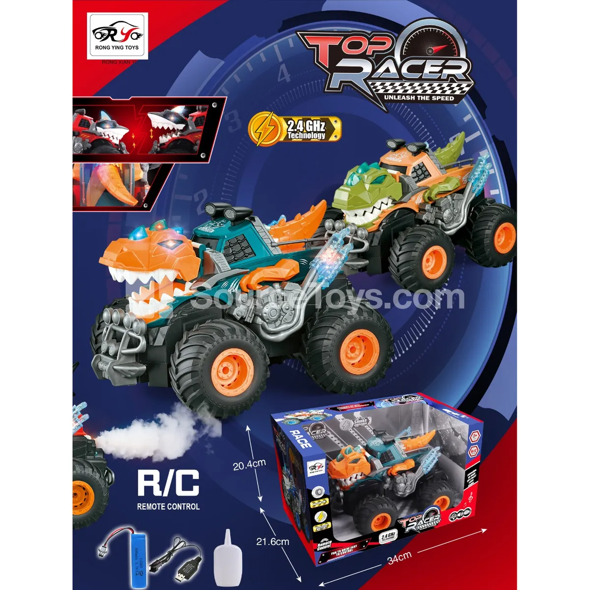 2.4GHz RC Spray Dinosaur Car with Lights, 7-Channel, 1:18
